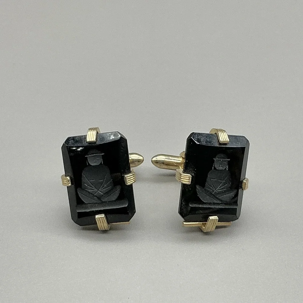 Vintage Mens Cufflinks Gold Tone Black Intaglio Figure Stone Bullet Back Jewelry